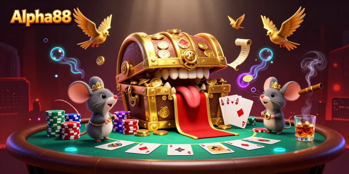 Spin to win at Alpha88 with vibrant cartoon casino elements surrounding a treasure chest.