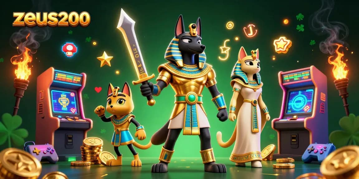 Menghadirkan zeus200, gambarkan karakter penjaga Anubis dan Bastet di dalam mesin permainan kasino 3D.