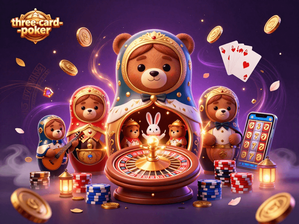 Engage in the thrilling three-card-poker experience surrounded by casino elements and festive atmosphere.