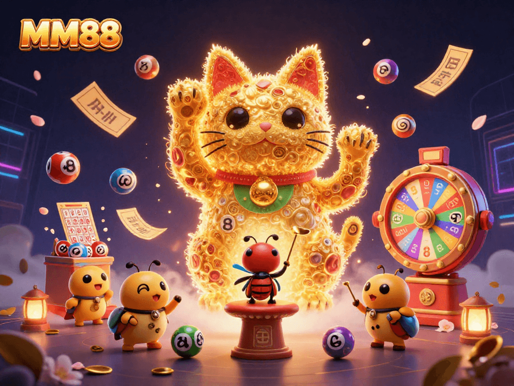 Experience the excitement of MM88 with vibrant lottery balls and a lucky cat, perfect for online gaming.
