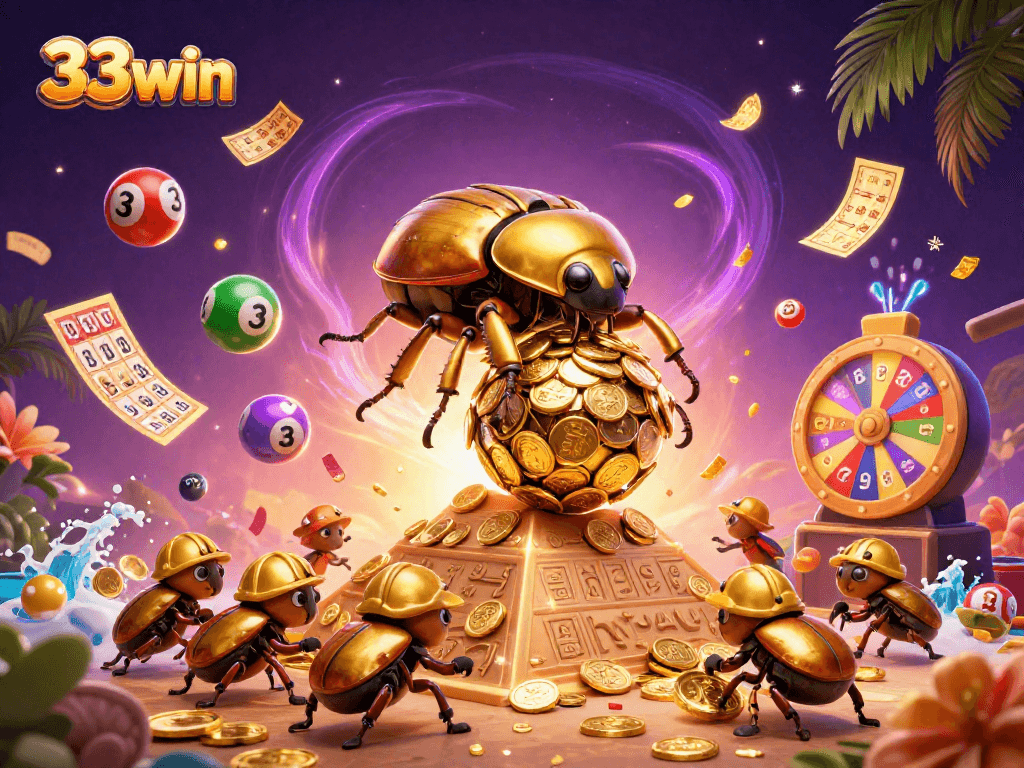 Experience the excitement of 33win with a vibrant casino-themed illustration featuring dynamic elements and creative design.