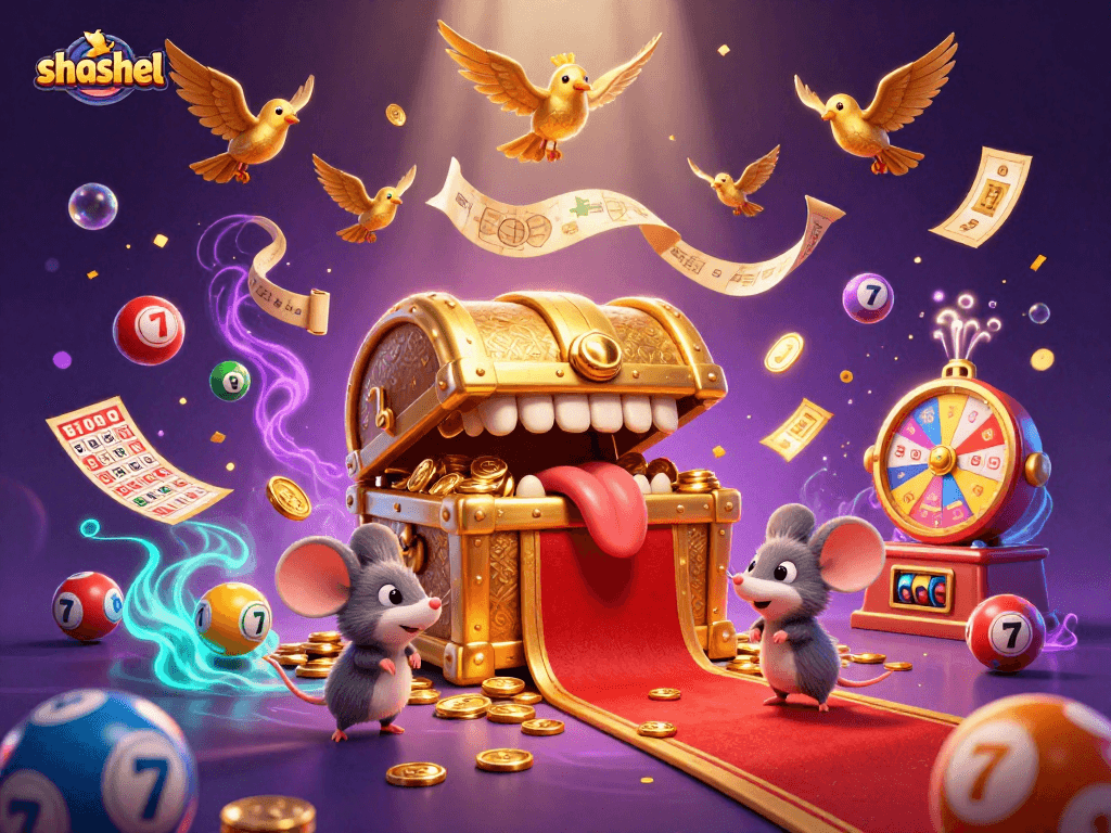 Join the fun with shashel as the golden treasure chest and adventurer mice collide in a thrilling casino scene.