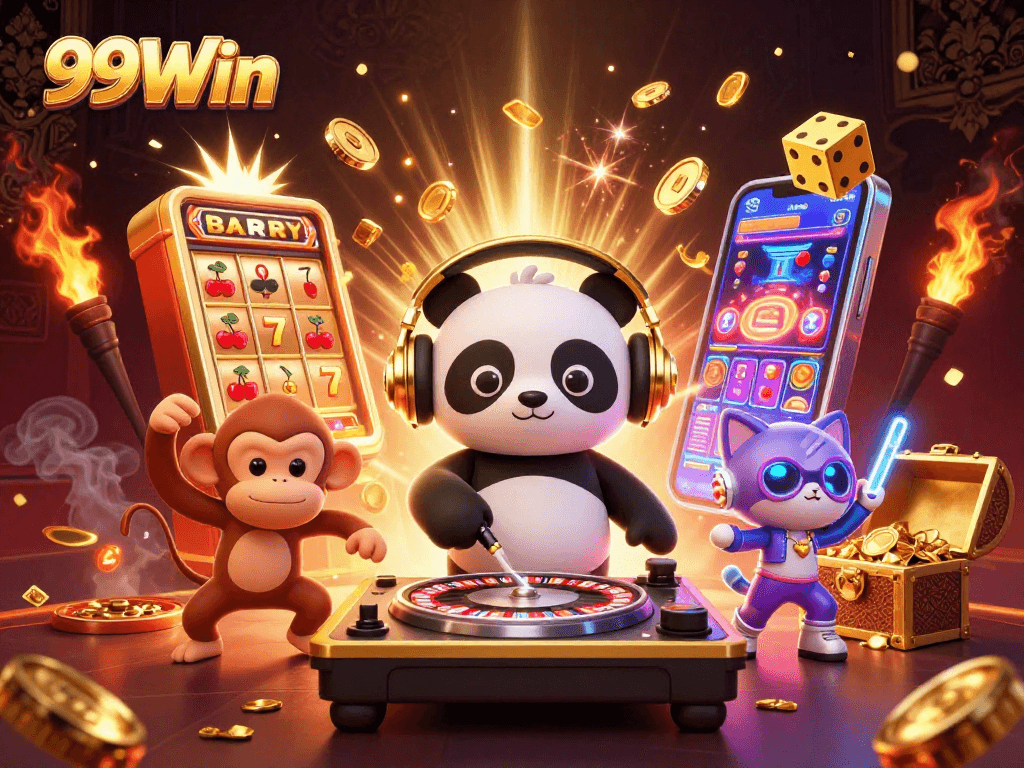 Win big at 99Win with lively cartoon characters and engaging gaming elements in a vibrant casino setting.