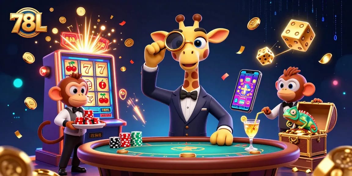 Participe dos jogos emocionantes do 78L com girafa elegante, valet e bartender misturando um coquetel dourado.