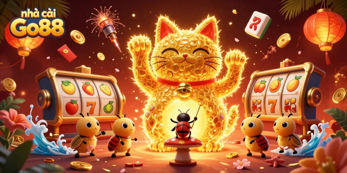 Experience the thrilling vibe of nhà cái Go88's online casino with a vibrant illustration of a lucky cat and dynamic gaming elements.