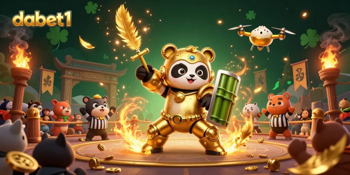 dabet1 showcases a golden panda in a mech-suit at a vibrant casino-themed arena.