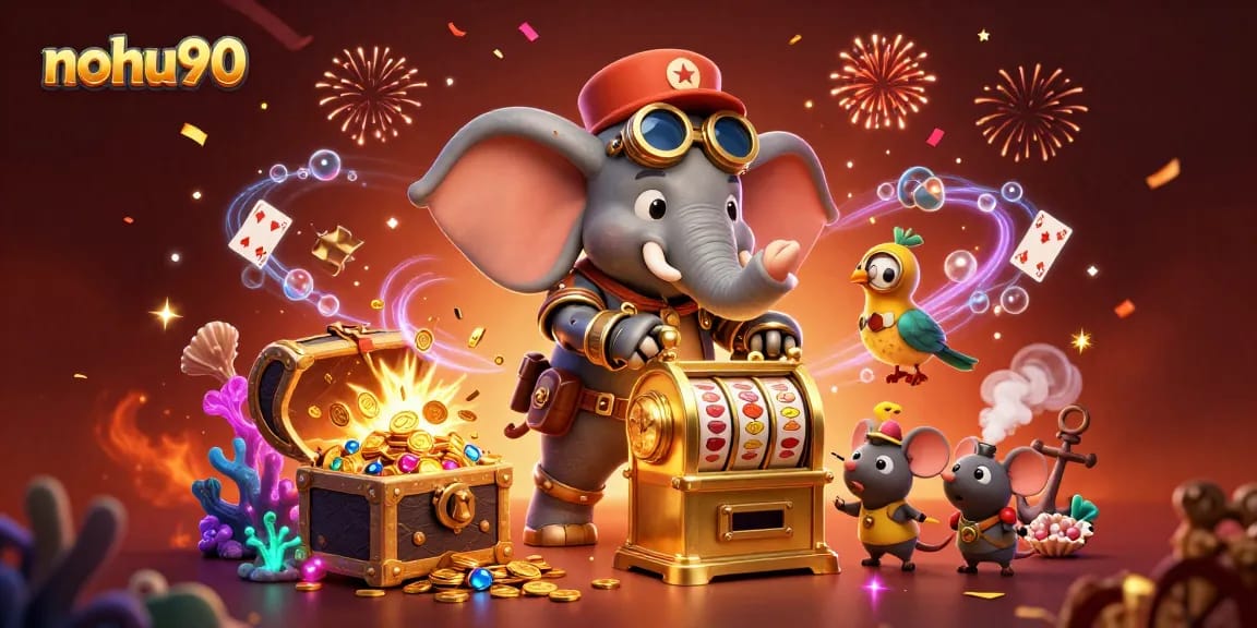 Experience thrilling gameplay at nohu90 with a whimsical steampunk elephant operating a slot machine.