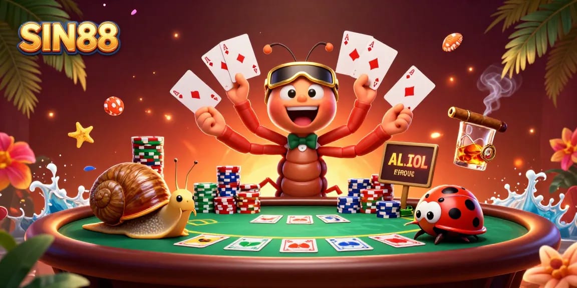 SIN88 captures an exhilarating poker scene with a millipede dealer and a snail high-roller pushing chip stacks.