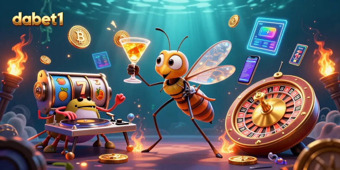 Engage with dabet1 at a vibrant casino scene featuring animated characters and cryptocurrency elements.