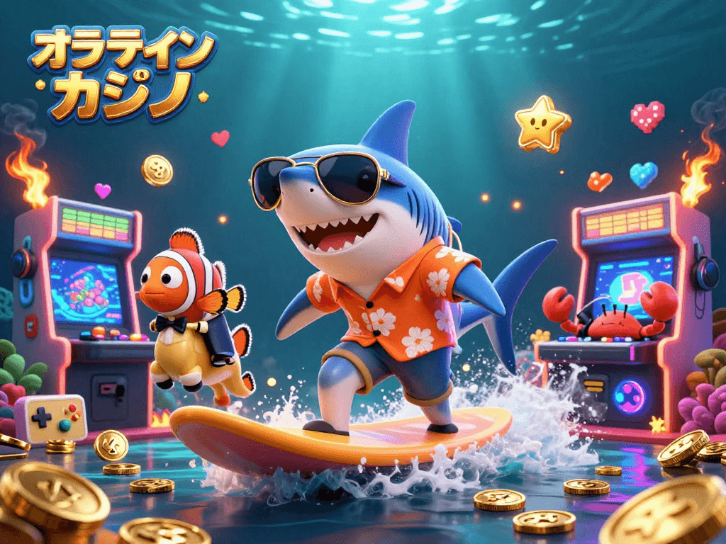 オンラインカジノのアートワークでは、ハンマーヘッドシャークが金のコインの波に乗っています。
