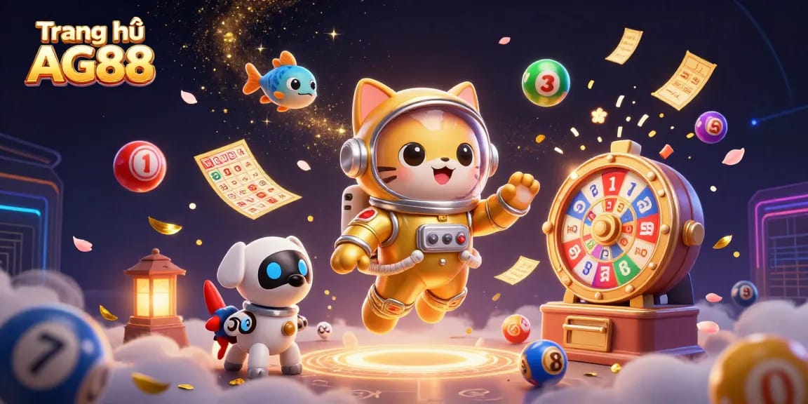 Play lottery games with fun elements at Trang chủ AG88, featuring a vibrant 3D scene.