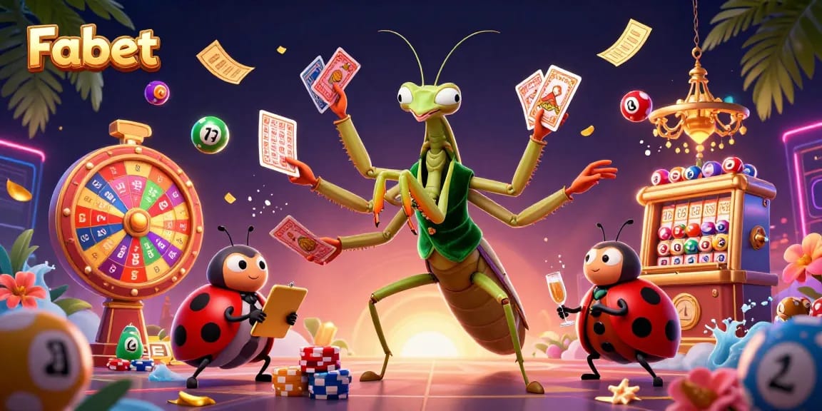 Experience Fabet's vibrant gambling scene with a cartoon mantis and ladybug amidst colorful lottery elements.