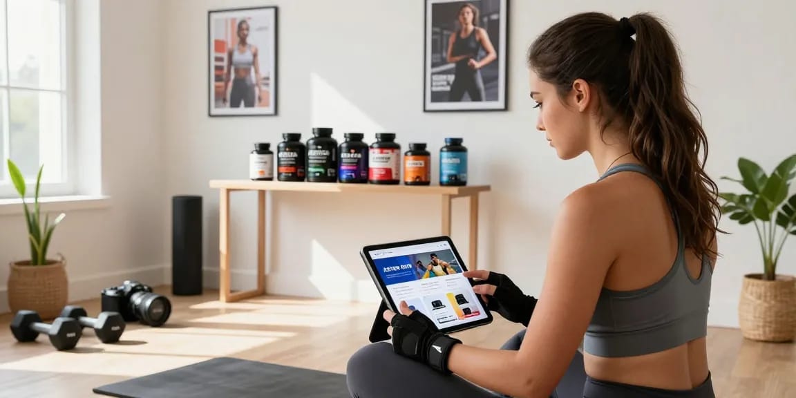 Exploring the Astera Shop for fitness supplements in a stylish gym setting.