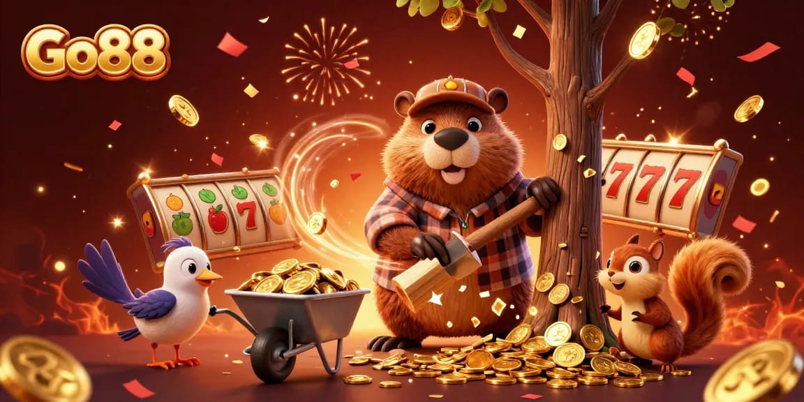 Go88 players experience thrilling gameplay as a beaver collects gold coins in a vibrant casino scene.