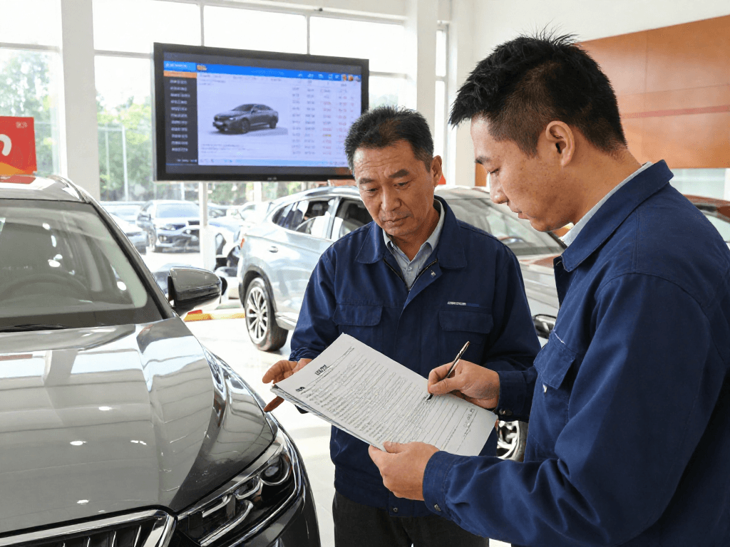 Check a vehicle's history before buying with a mechanic inspecting reports during a dealership visit.