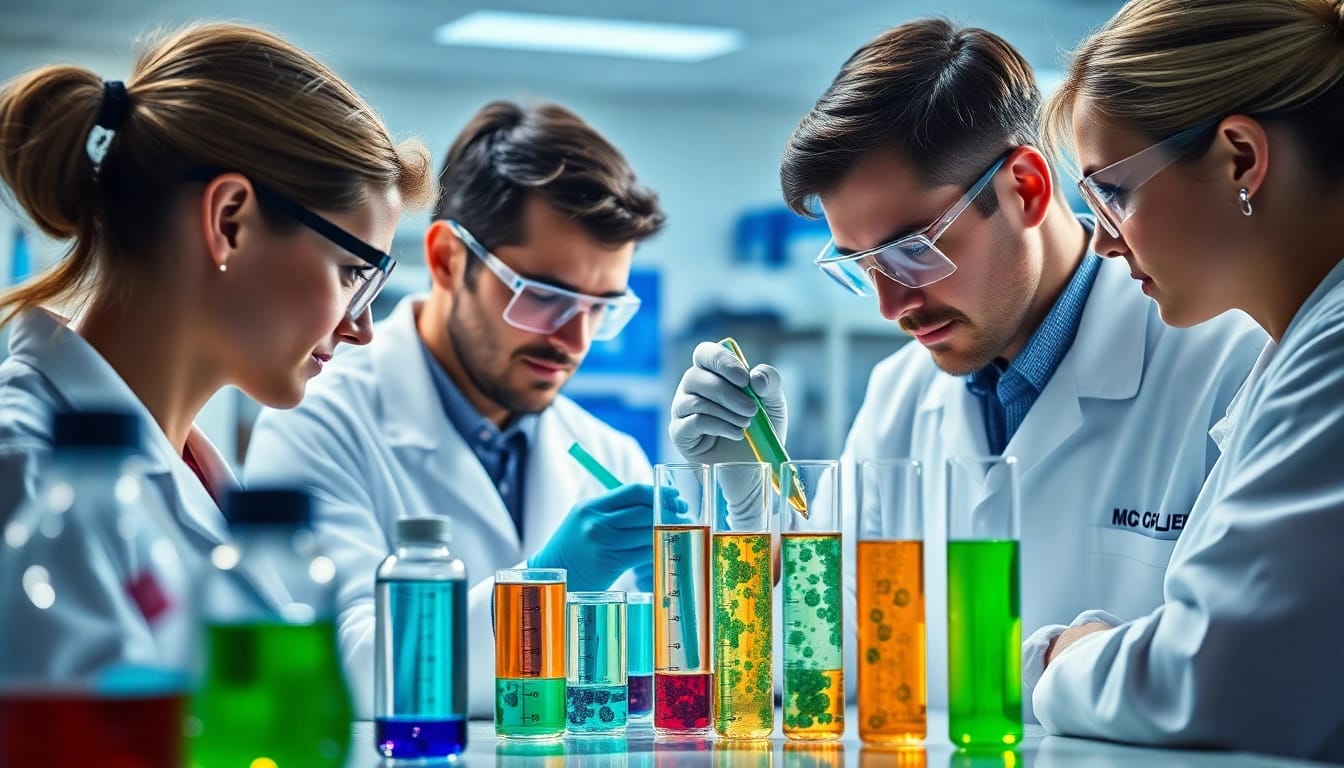 Scientists conducting research at peptide labs with vibrant samples and advanced equipment.