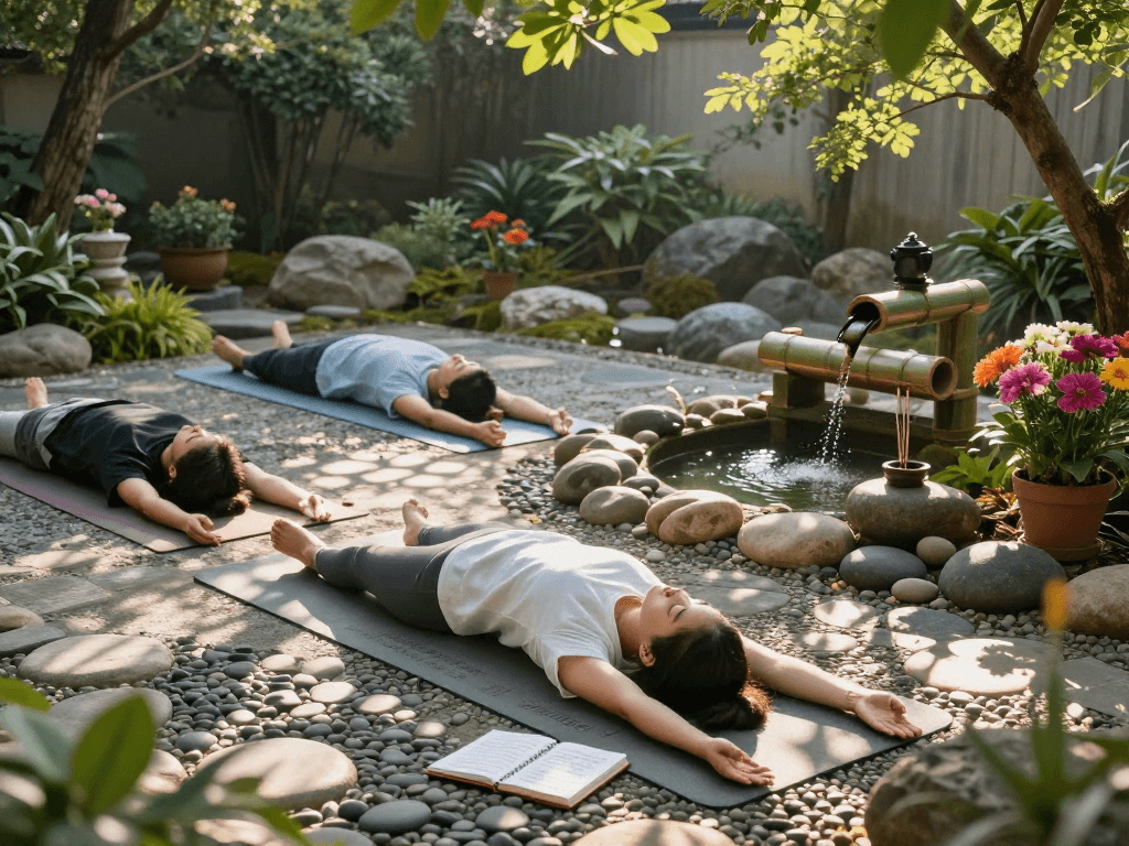 Mantra88 yoga meditation practice in serene zen garden, capturing balance and tranquility.