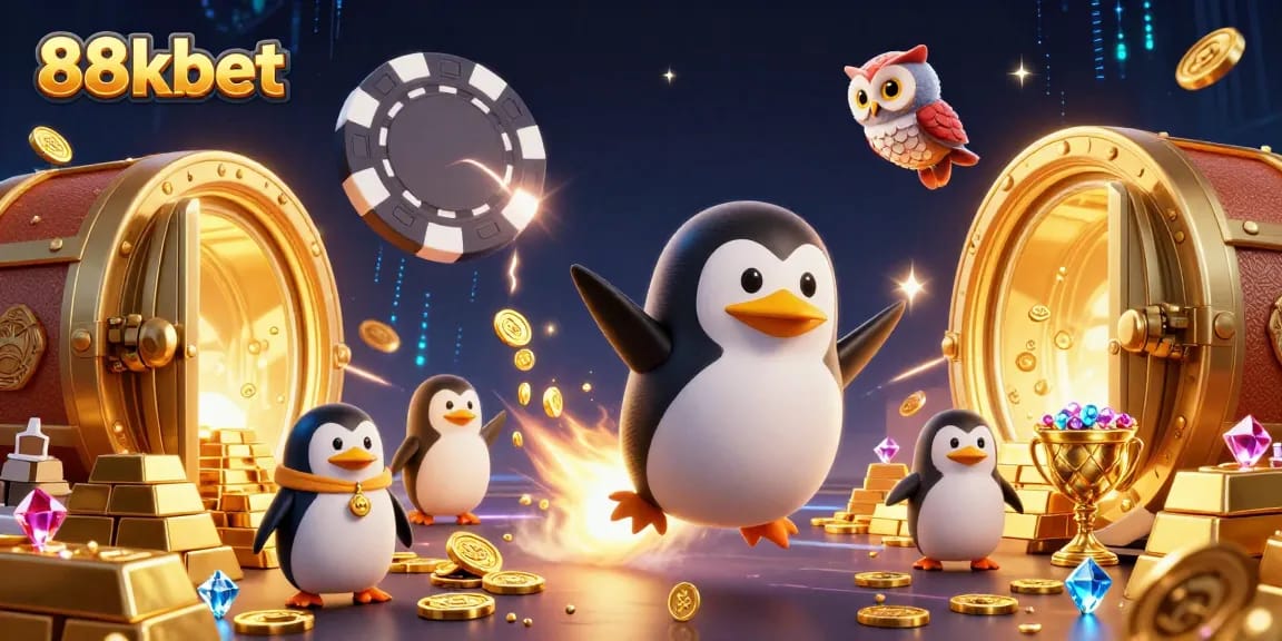 88kbet features a golden penguin soaring through a vibrant casino-themed space scene.