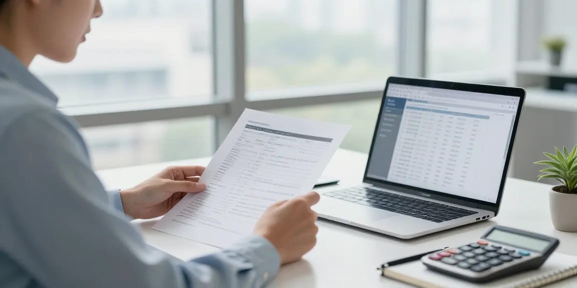 Accountant engaged in corporate tax return filing process at a modern office desk, focusing on financial documents.