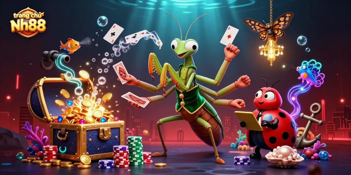 Win big at trang chủ nh88 with a vibrant casino scene featuring colorful game elements and lively characters.