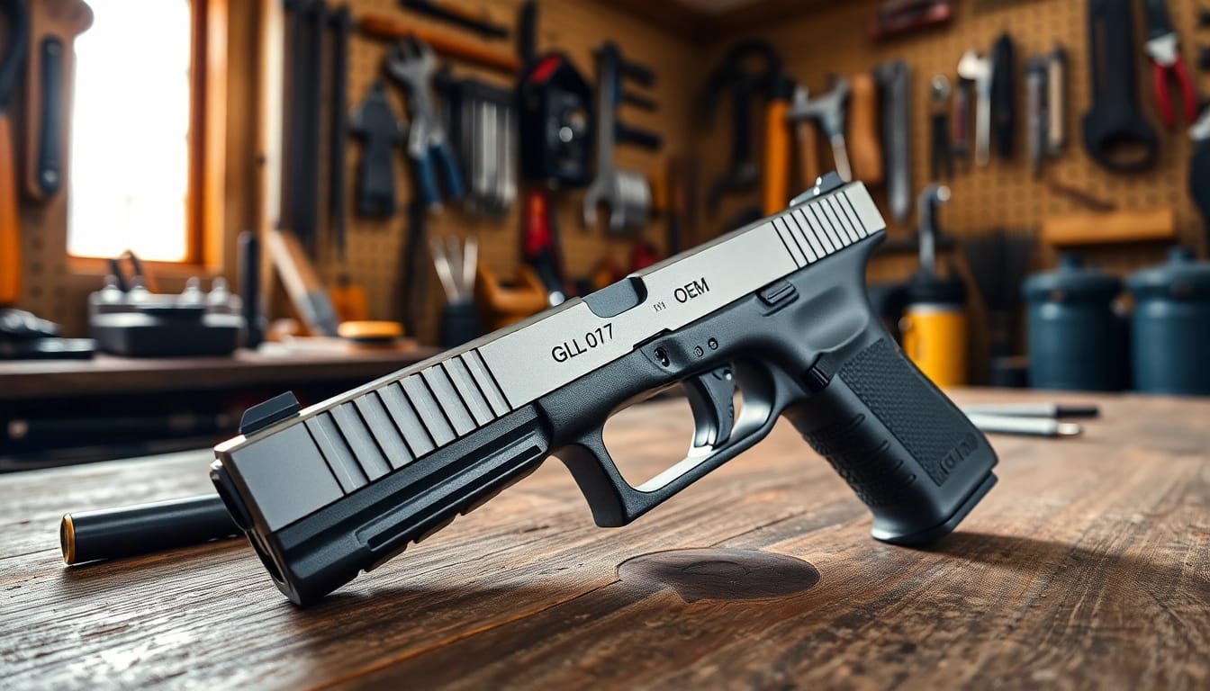 Showcasing glock 17 slide oem in a detailed view, highlighting precision craftsmanship and sleek design.
