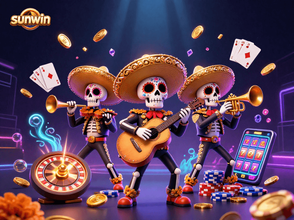 Experience the excitement of sunwin with vibrant mariachi skeletons amidst cascading gold and spinning reels.