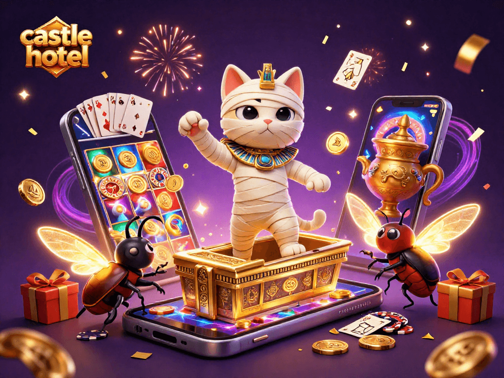 castlehotel offers an exciting online gaming experience with a vibrant 3D illustration of casino adventures.