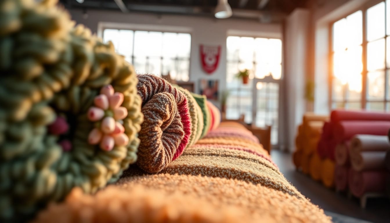 Discover vibrant boucle stof textures and colors in this artistic fabric display.