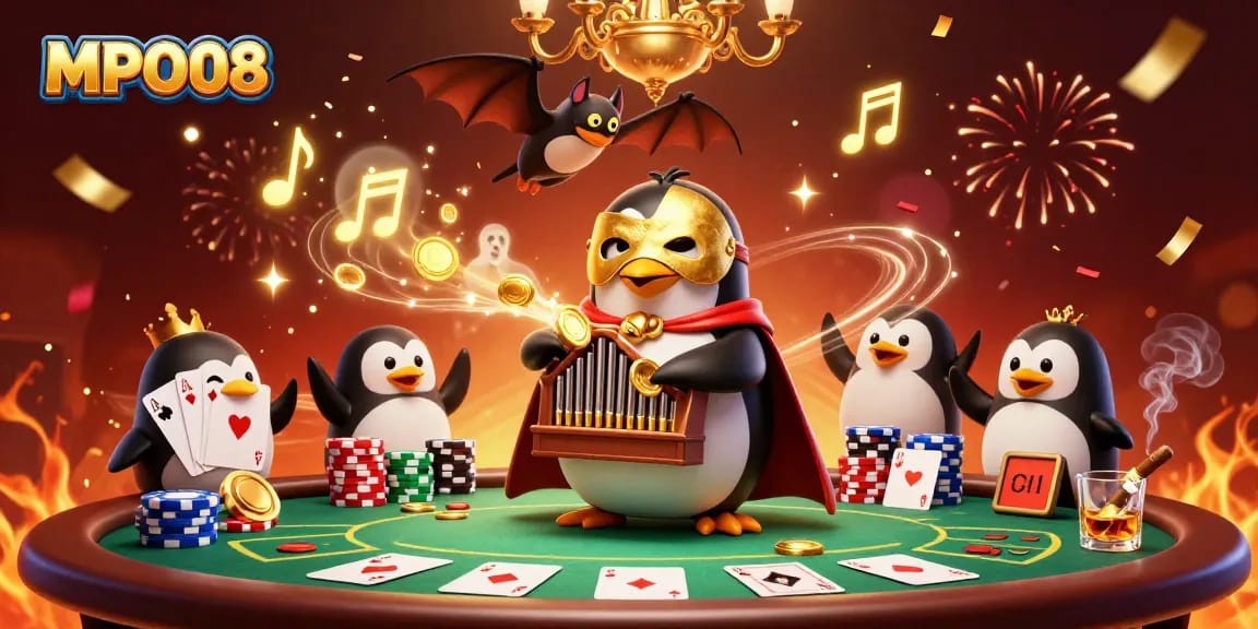 MPO08 draws players to exciting treasures with a lively penguin playing an organ of golden coins in a bustling casino.