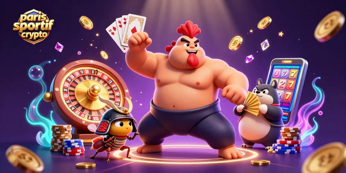 Placer des paris sportifs crypto avec des personnages colorés, des pièces dorées et une ambiance de casino dynamique.