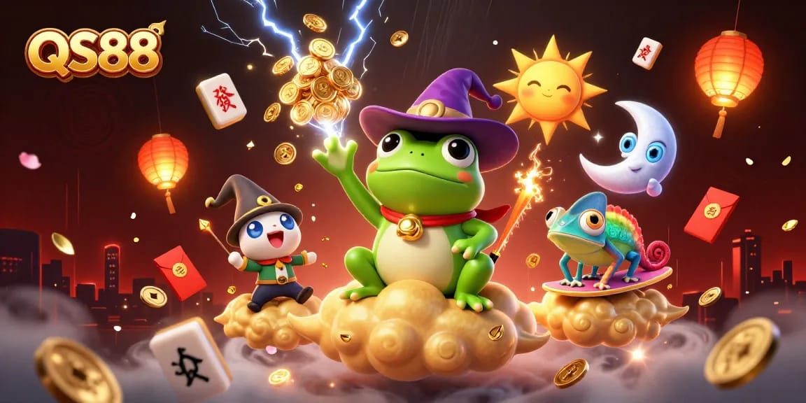 Experience the thrill of winning at QS88 amid golden coins and dynamic characters in this vibrant casino illustration.