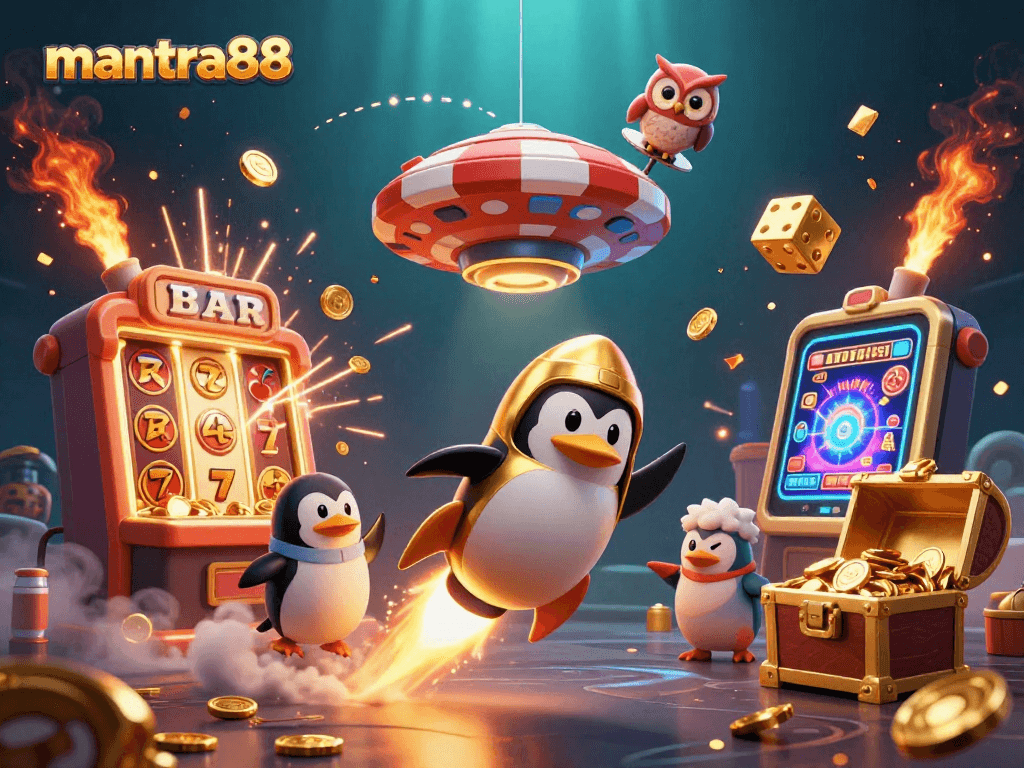 Experience the excitement of mantra88 with a golden penguin navigating a vibrant casino-themed universe filled with jackpots and treasures.