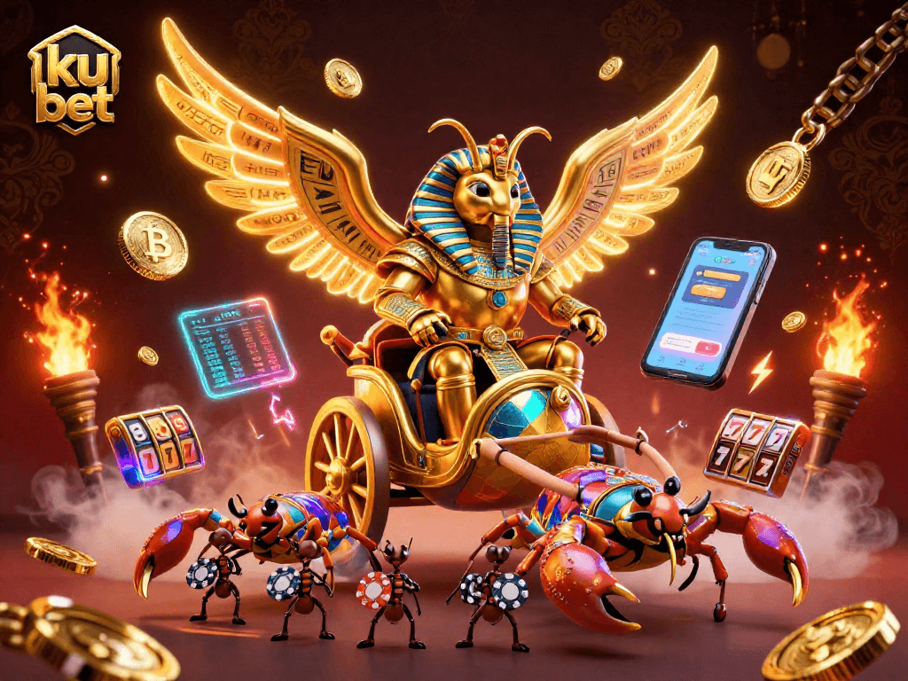 Experience the excitement of ku bet with a vibrant scene featuring a golden scarab and crypto elements.