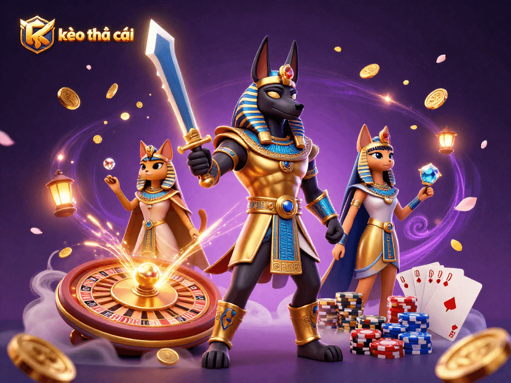 Engage with kèo nhà cái while witnessing Anubis and Bastet in a vibrant casino scene.