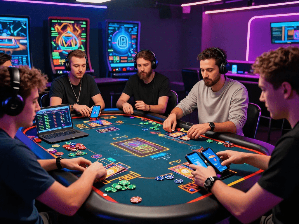 Exciting crypto casino gaming scene with players engaged in digital card games, cryptocurrencies in play, and high-tech devices.