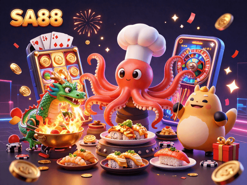 SA88 players celebrate with a cartoon sushi chef octopus, dragon, and tanuki at a vibrant online casino.