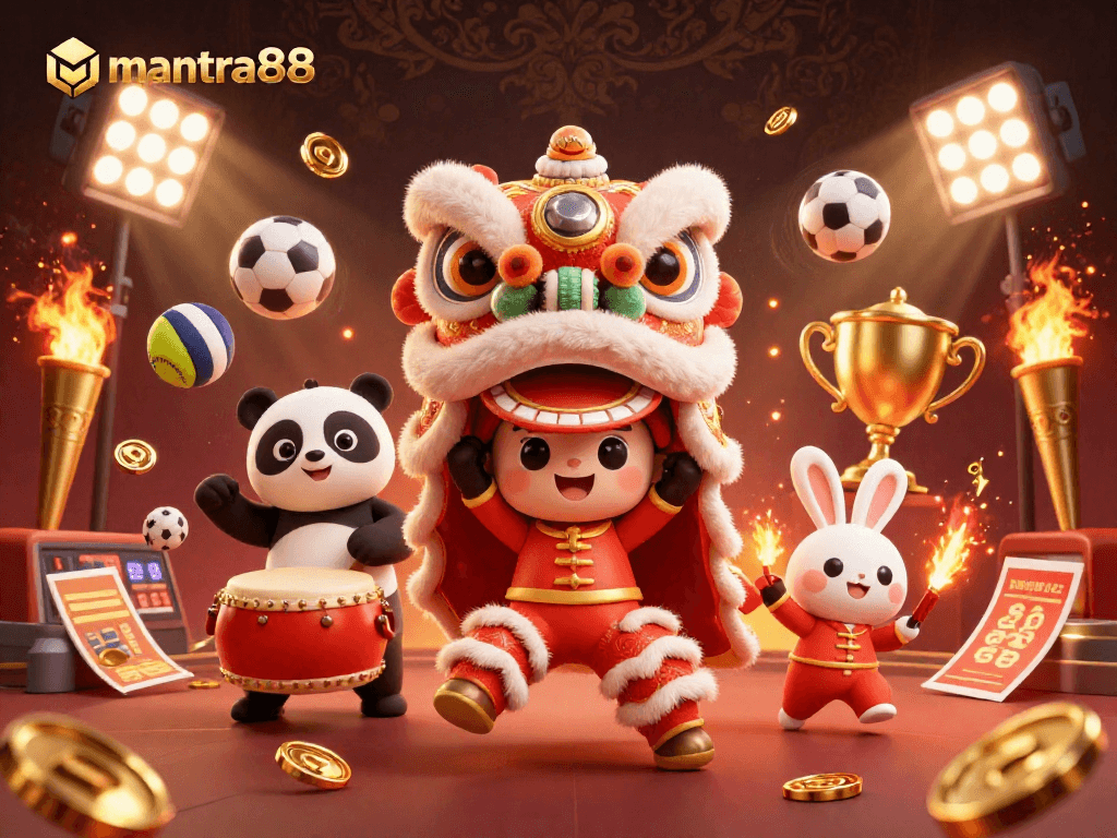 Engage with mantra88 in this vibrant 3D illustration featuring dynamic elements and characters for a thrilling casino experience.