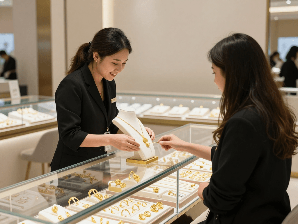 Mantra88 gold jewelry shopping experience with elegant displays and helpful staff.