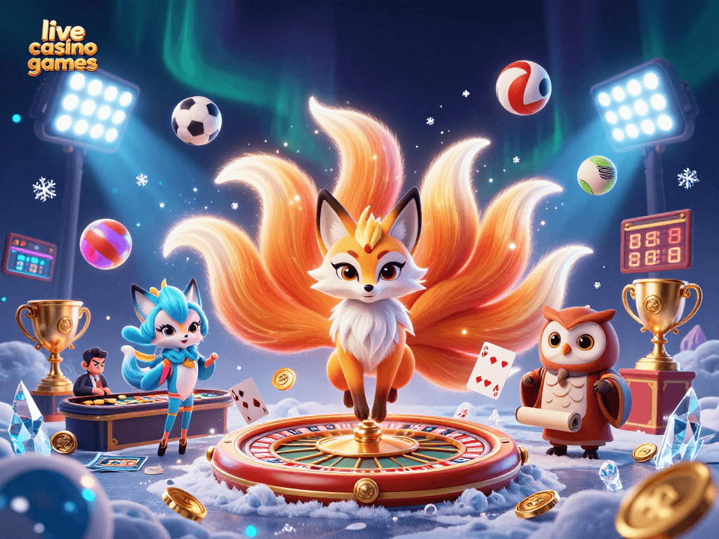 Engaging scene showcasing live casino games with a nine-tailed fox spirit, owl sage, and dynamic gaming elements.
