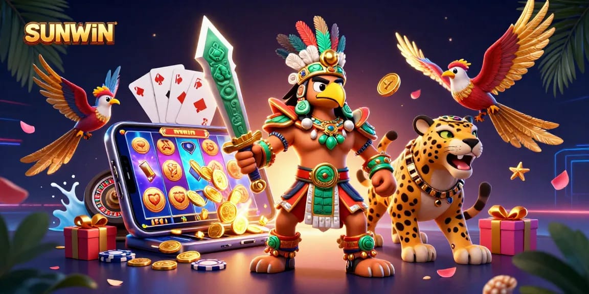 SUNWIN captures an adventurous gamble with Aztec warriors, epic gaming elements, and vibrant surroundings.