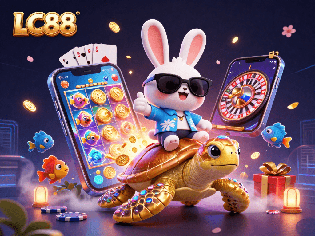 Experience the excitement of LC88 with a lucky rabbit and golden turtle in a vibrant casino scene.