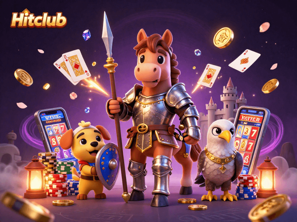 Hitclub features a medieval knight, a squire puppy, and a falcon amid vibrant casino elements.