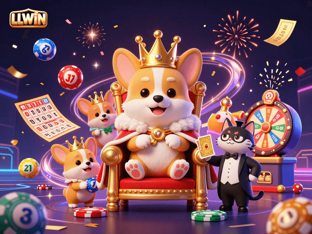 Experience vibrant gaming excitement with LLWIN in an illustrated casino scene with corgis and lottery elements.