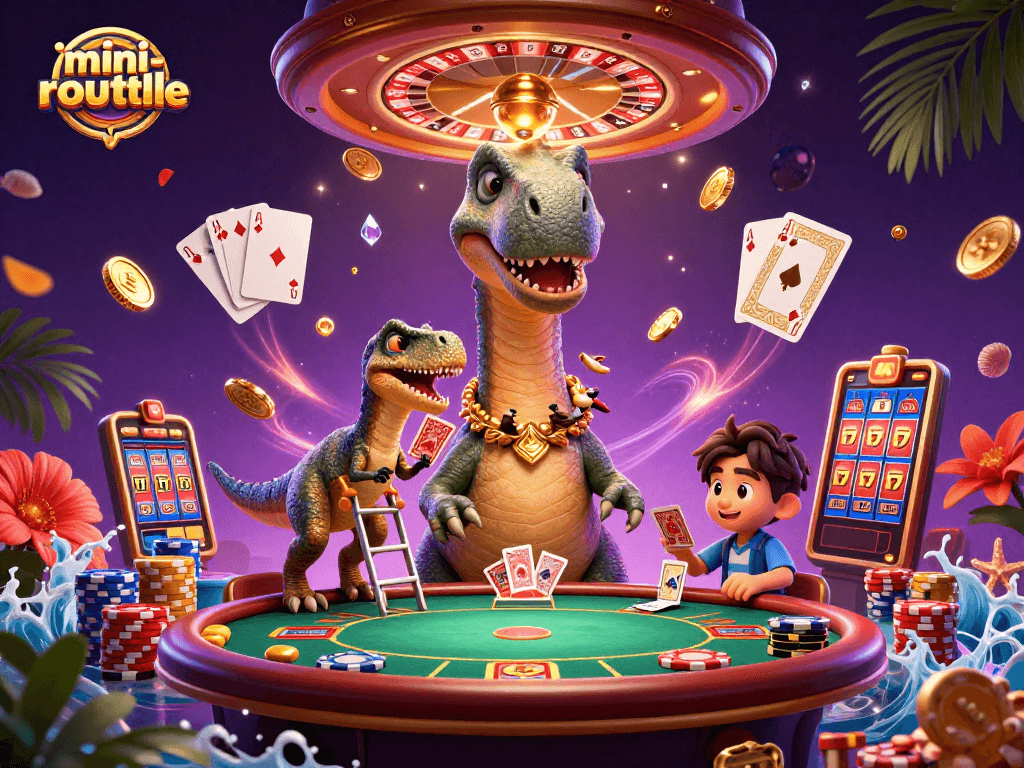 Experience mini-roulette with a giant playful brontosaurus in a vibrant casino setting