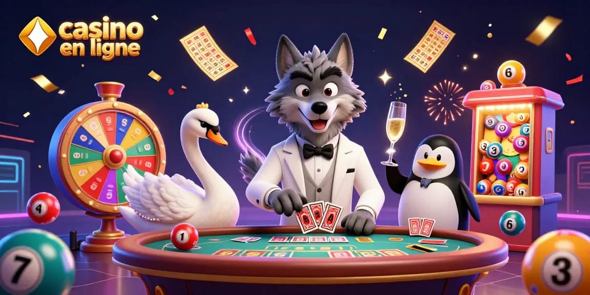Vivez l'excitation du casino en ligne avec un loup élégant et un cygne, le tout entouré de jeux animés.
