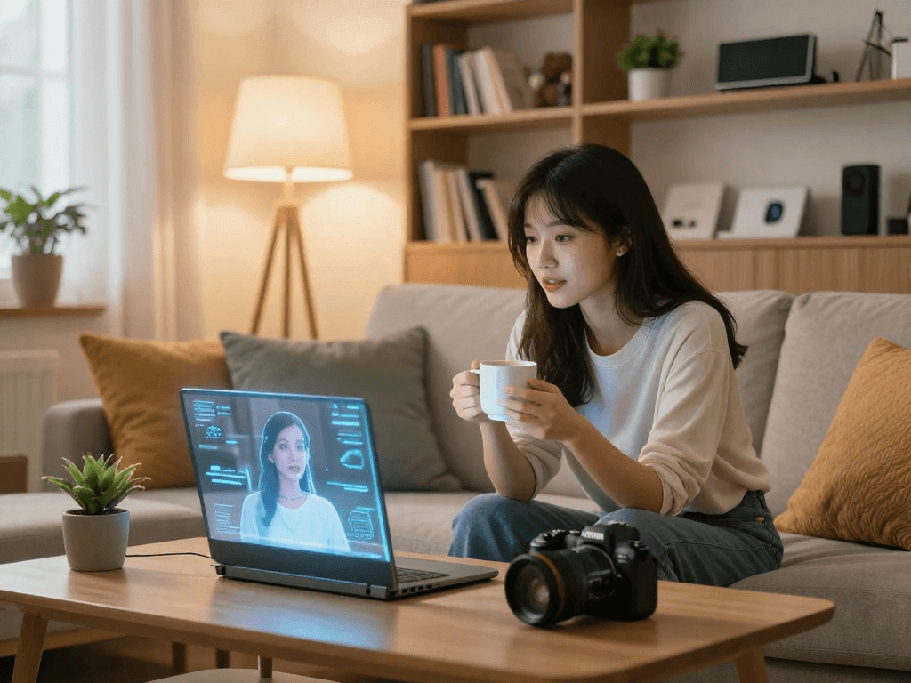 Engaging conversation with an AI girlfriend in a warm living room