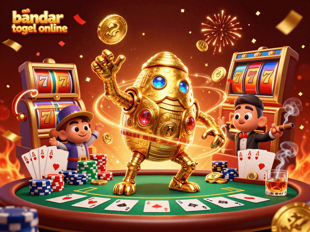 Experience the excitement of bandar togel online with vibrant slot reels and a dynamic golden golem.