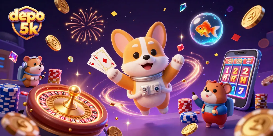 Mengalami keseruan di depo 5k dengan karakter unik dalam kasino luar angkasa yang penuh dengan chip poker, koin emas, dan slot yang menggiurkan.