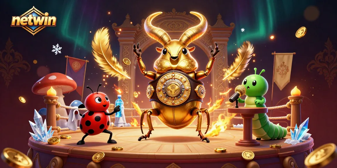 Engage in thrilling gameplay at Netwin with a giant golden stag beetle champion in a vibrant casino scene.