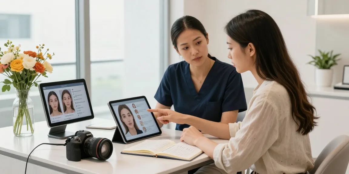ClinicEvo is a better alternative to QOVES, showcasing a beauty consultation scene with a woman and consultant analyzing facial features.